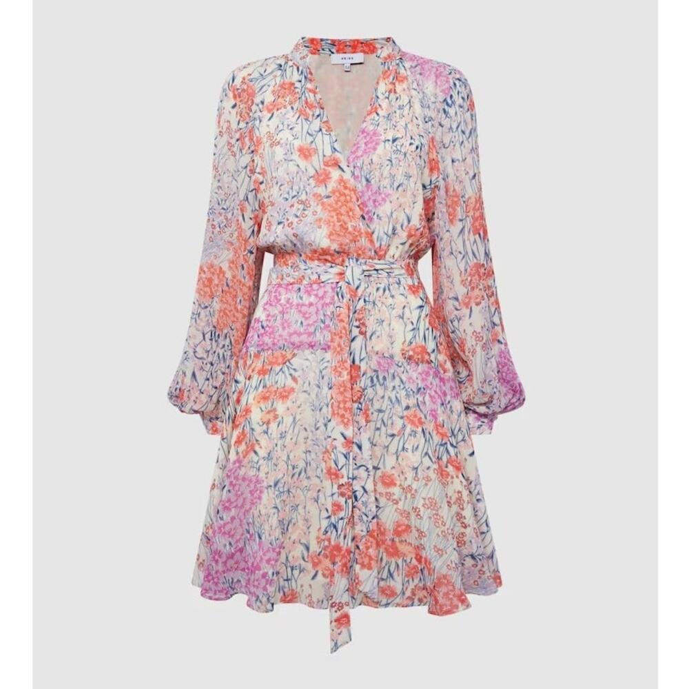 Reiss Keira Floral Long Sleeve Minidress Size XS/2 V-Neck Tie Waist Retail $330 - Picture 2 of 6